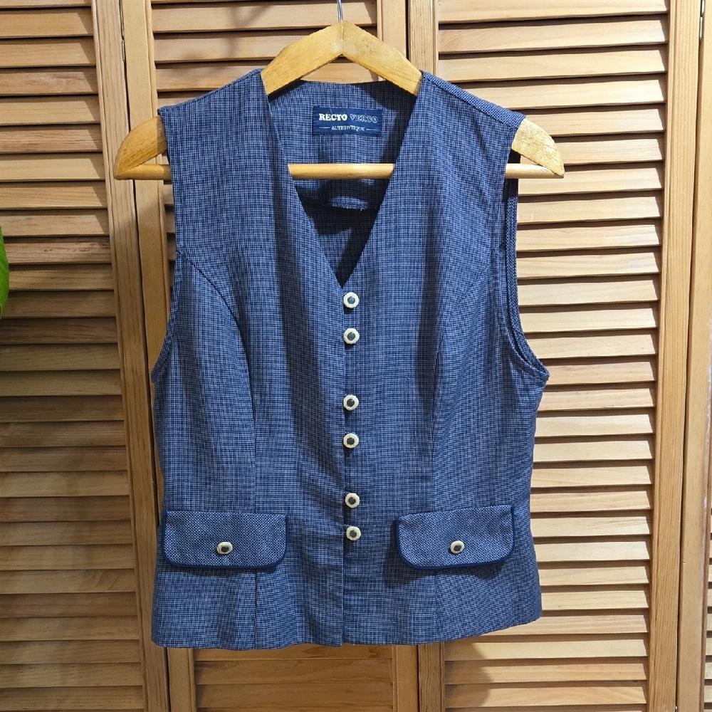 90s Navy & Gray Patterned Button-Up Vest - Recto Verso